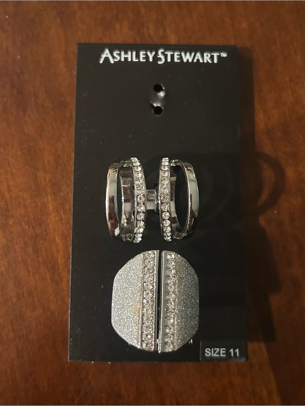 Ashley Stewart set of 2 silver toned cocktail rings, garnished with rhinestones